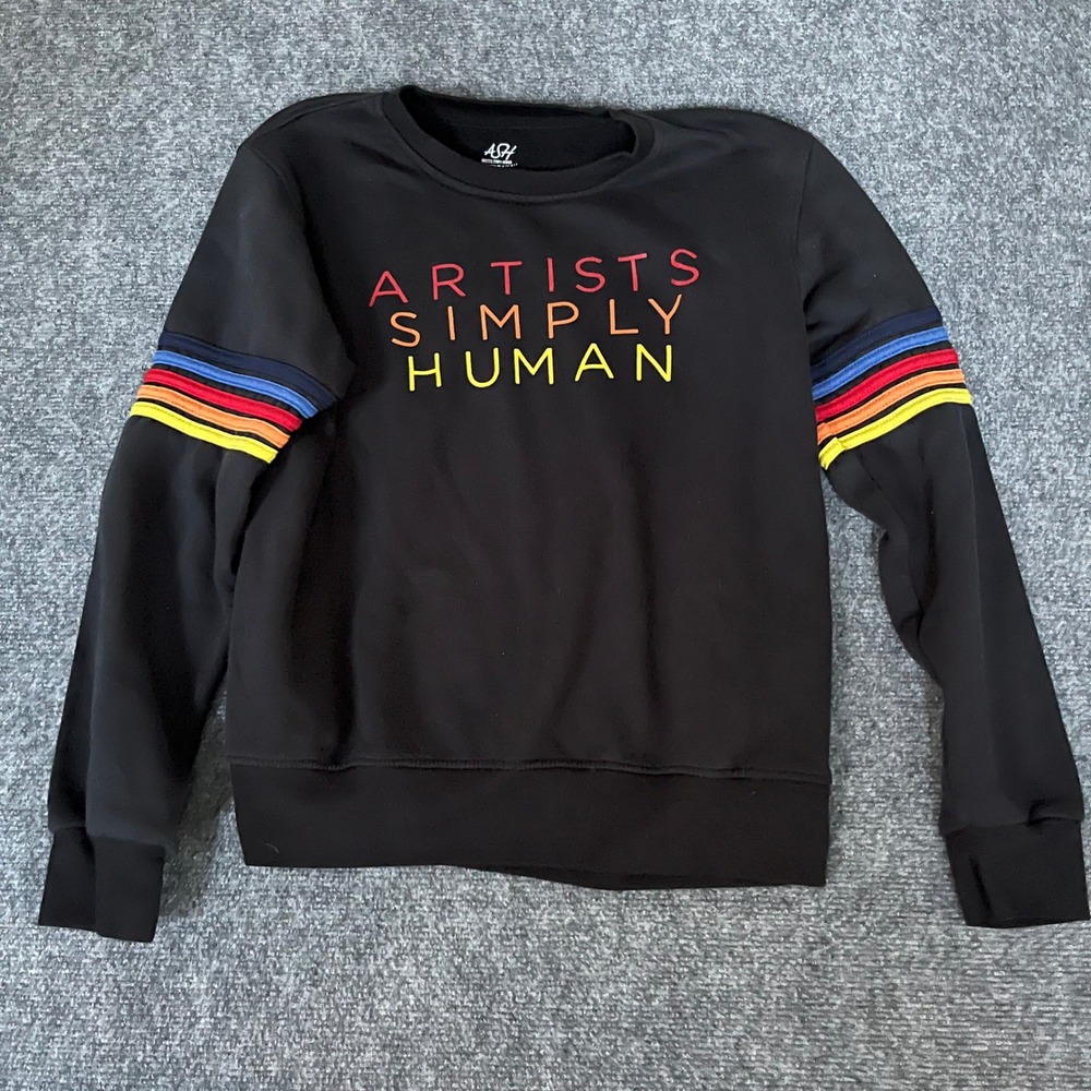 Artists Simply Human ASH Crewneck Sweatshirt Black Rainbow Stripe Graphic AM